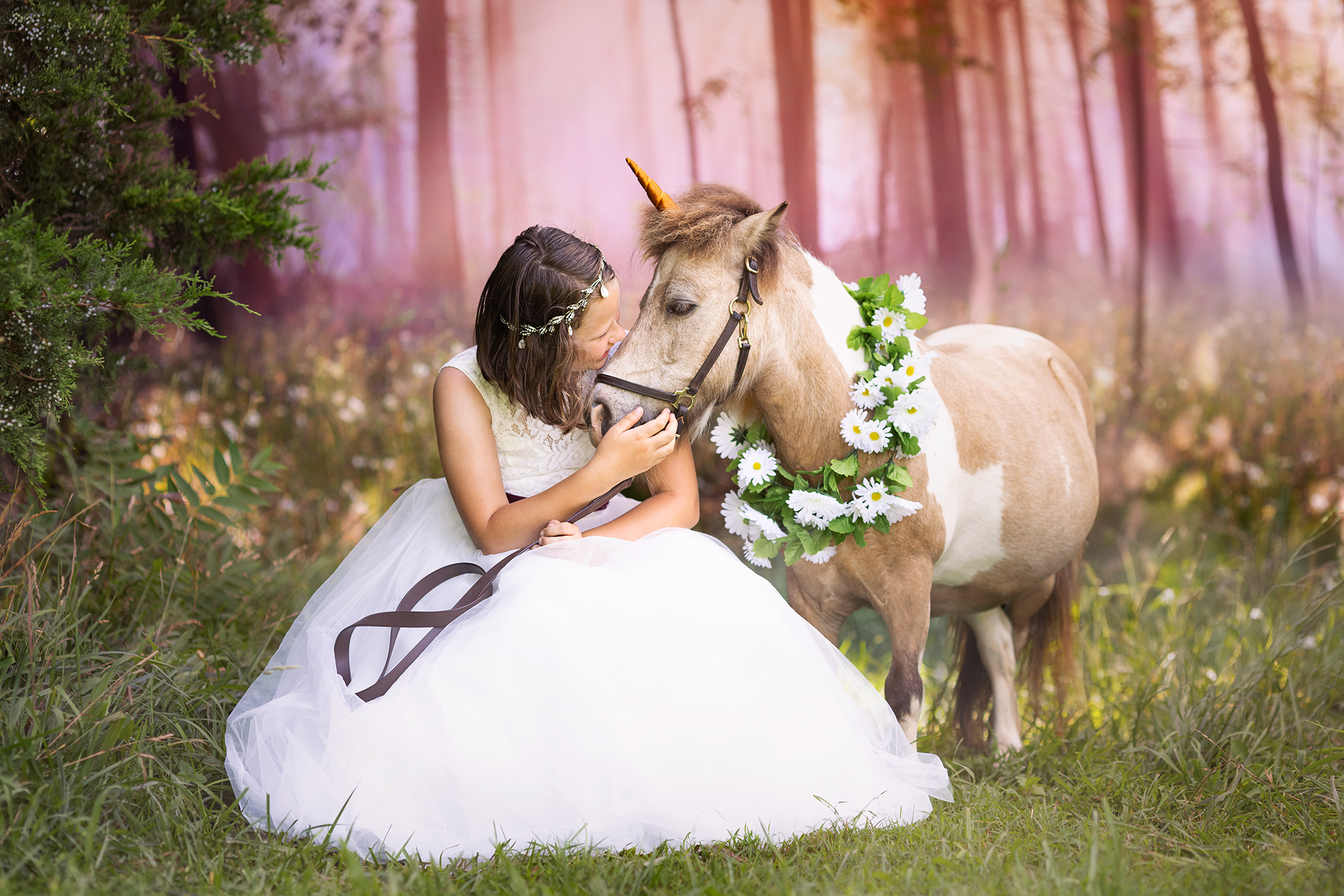 Girl with mini horse in a grassy clearing